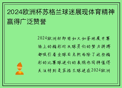 2024欧洲杯苏格兰球迷展现体育精神赢得广泛赞誉