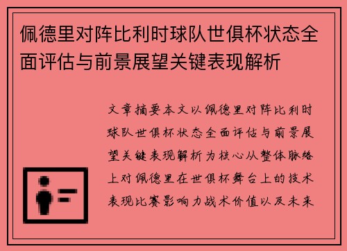 佩德里对阵比利时球队世俱杯状态全面评估与前景展望关键表现解析