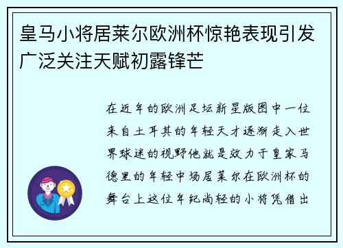 皇马小将居莱尔欧洲杯惊艳表现引发广泛关注天赋初露锋芒 皇马小将居莱尔欧洲杯惊艳表现引发广泛关注天赋初露锋芒